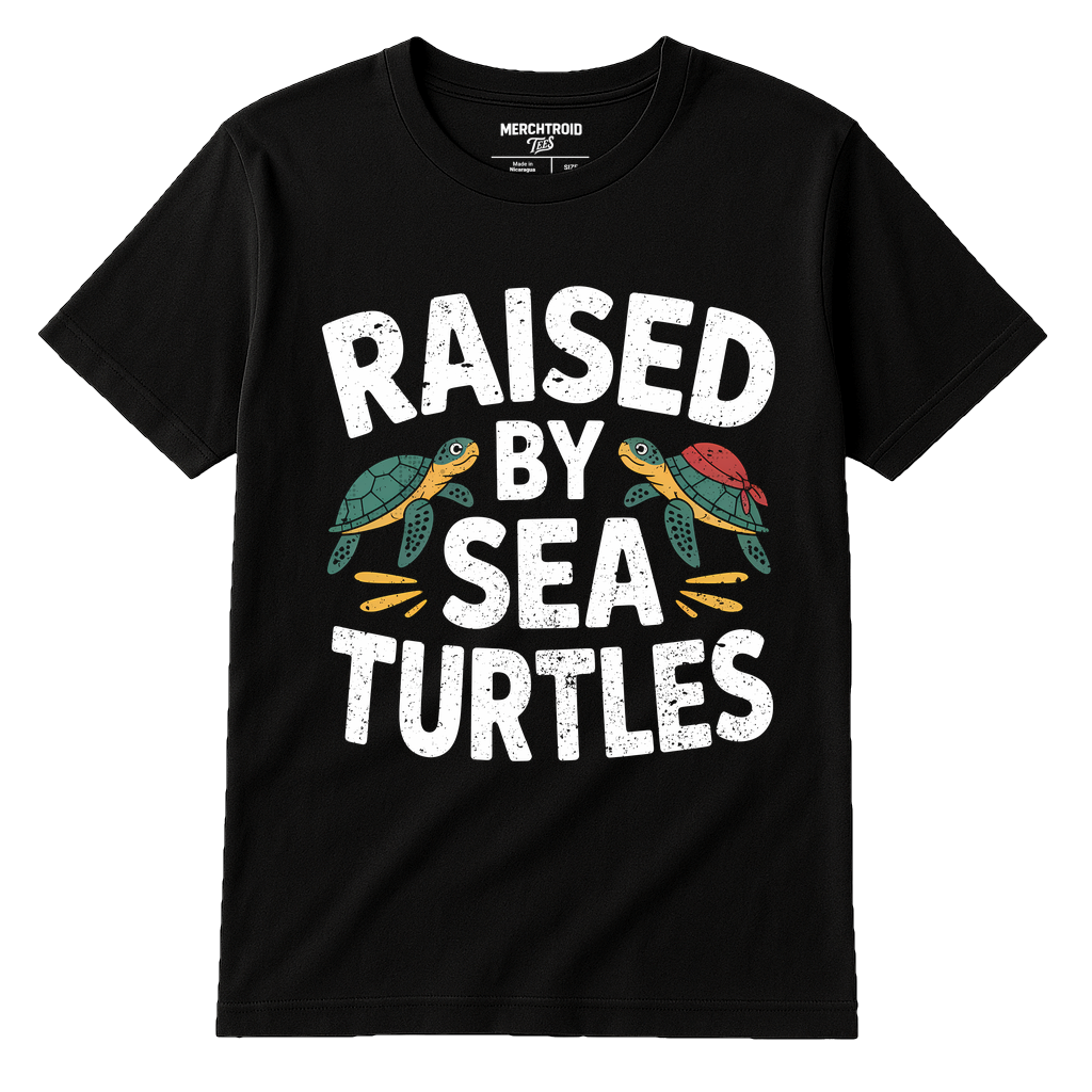 Black Pirate Shirts For Ladies - "Raised By Sea Turtles" graphic tee with white print, flat lay product photo