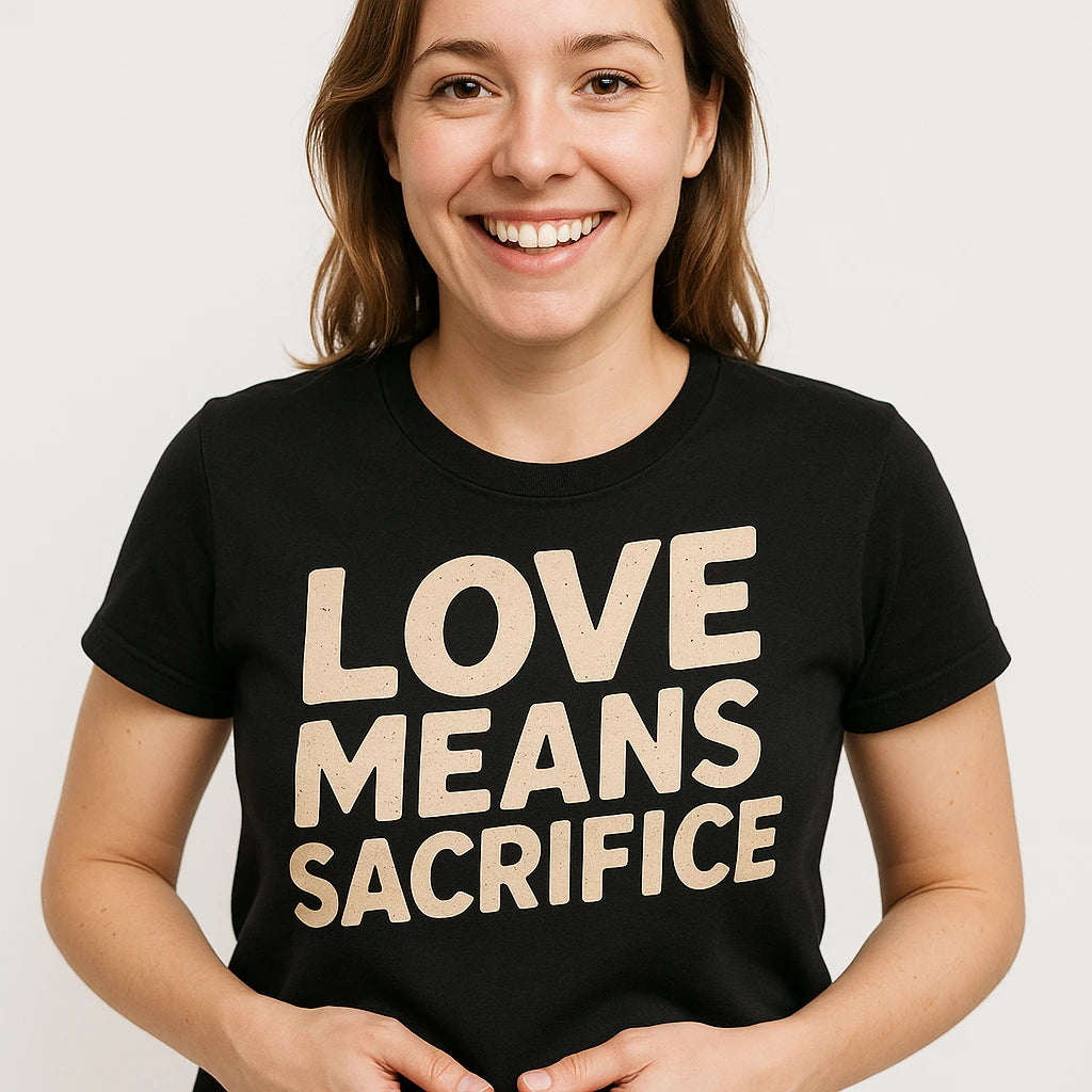 Close-up of the "Love Means Sacrifice" beige print on a premium Bella+Canvas black mom sacrifice t shirt
