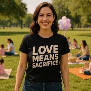 Lifestyle shot of the "Love Means Sacrifice" black mom sacrifice t shirt in a real-world setting
