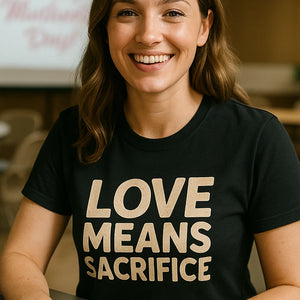 "Love Means Sacrifice" black mom sacrifice t shirt, photographed as mom sacrifice lover gift