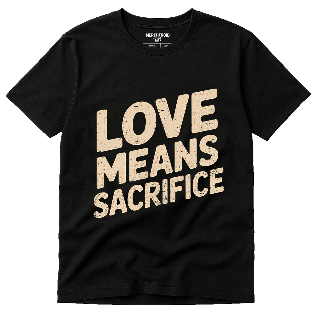 Black Mom Sacrifice T Shirt - "Love Means Sacrifice" graphic tee with beige print, flat lay product photo