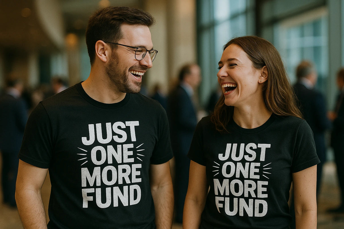 Person wearing the black financial advisor t shirt graphic tee - "Just One More Fund" design