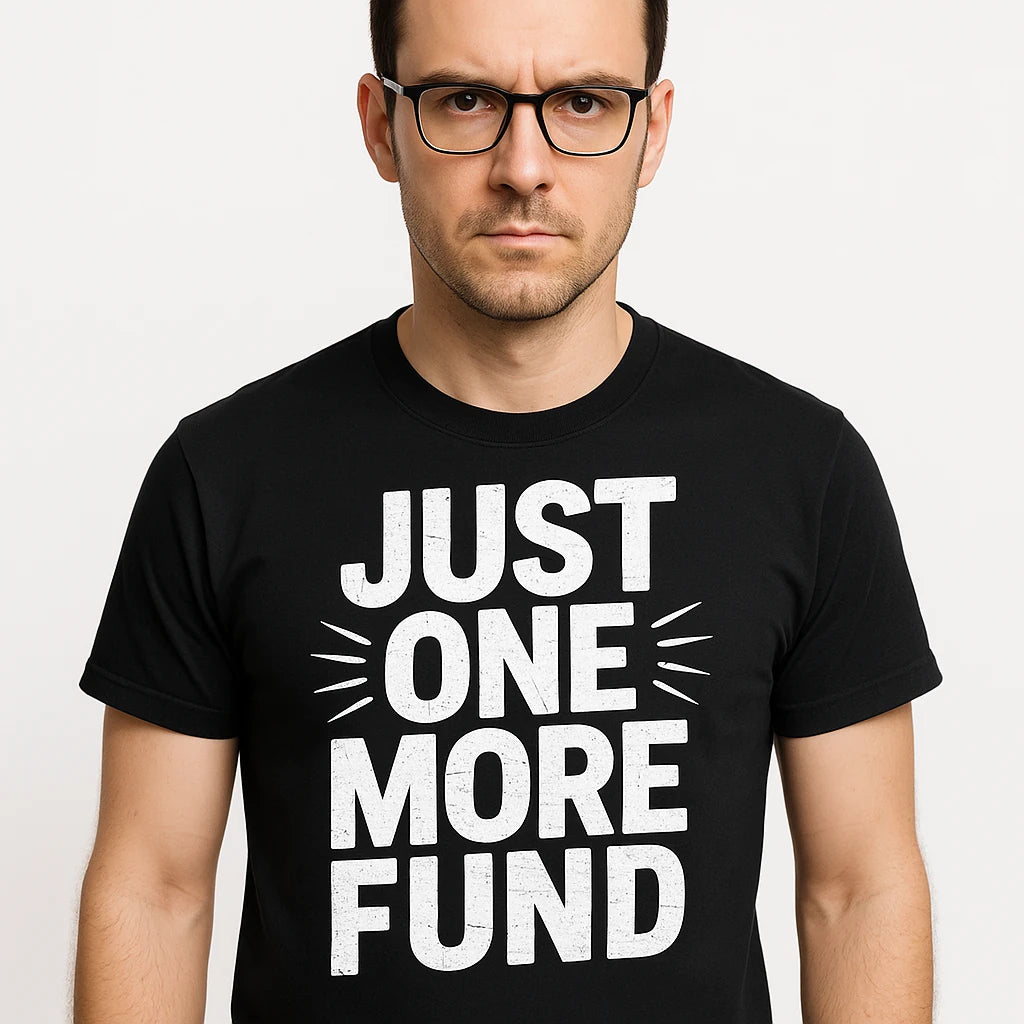 Close-up of the "Just One More Fund" white print on a premium Bella+Canvas black financial advisor t shirt