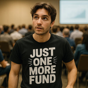 Lifestyle shot of the "Just One More Fund" black financial advisor t shirt in a real-world setting
