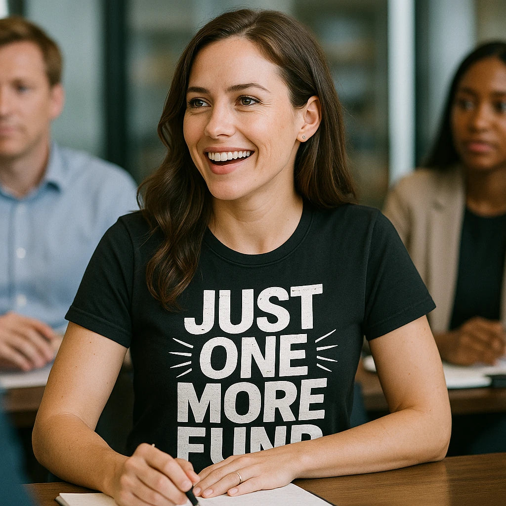 "Just One More Fund" black financial advisor t shirt, photographed as financial advisor gift