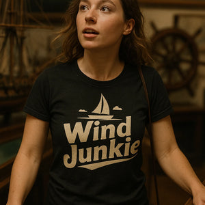 "Wind Junkie" black sailing t shirt, photographed as gifts for sailing lovers