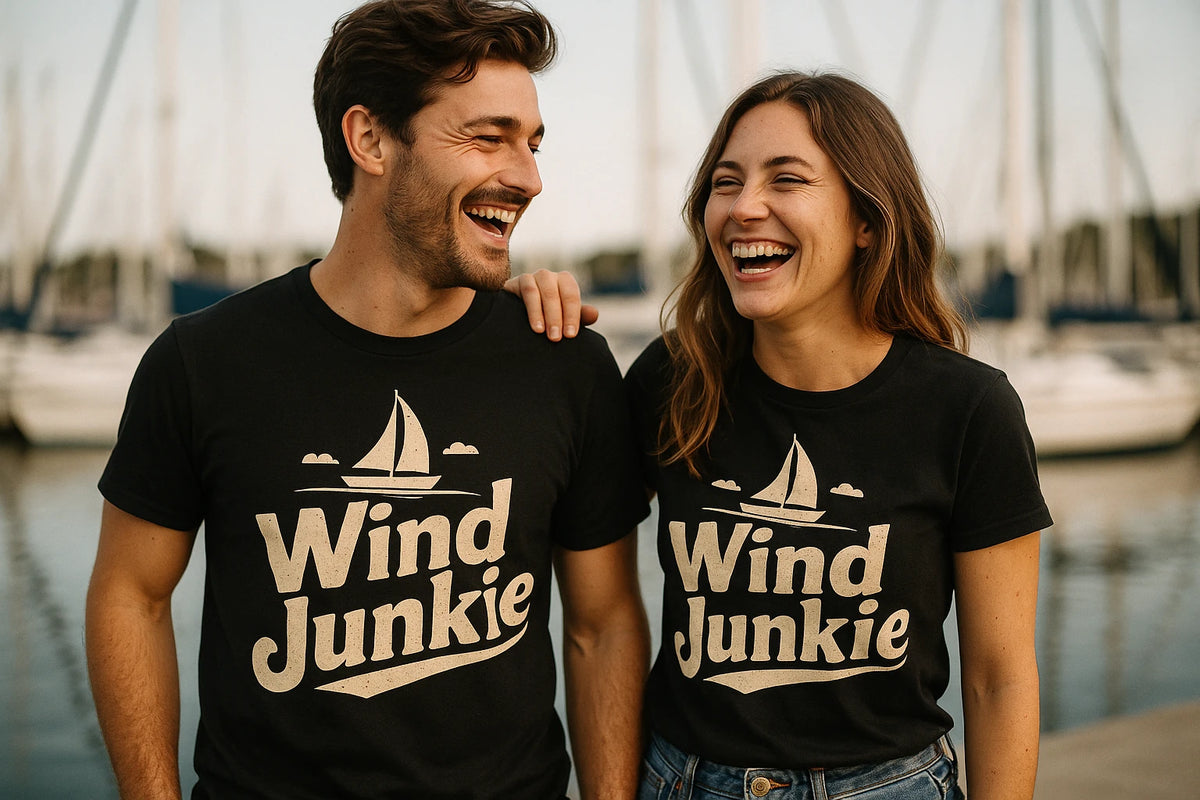 Person wearing the black sailing t shirt graphic tee - "Wind Junkie" design
