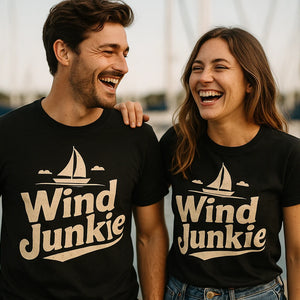Person wearing the black sailing t shirt graphic tee - "Wind Junkie" design