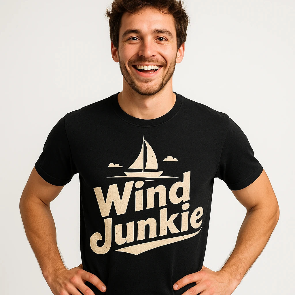 Close-up of the "Wind Junkie" cream print on a premium Bella+Canvas black sailing t shirt