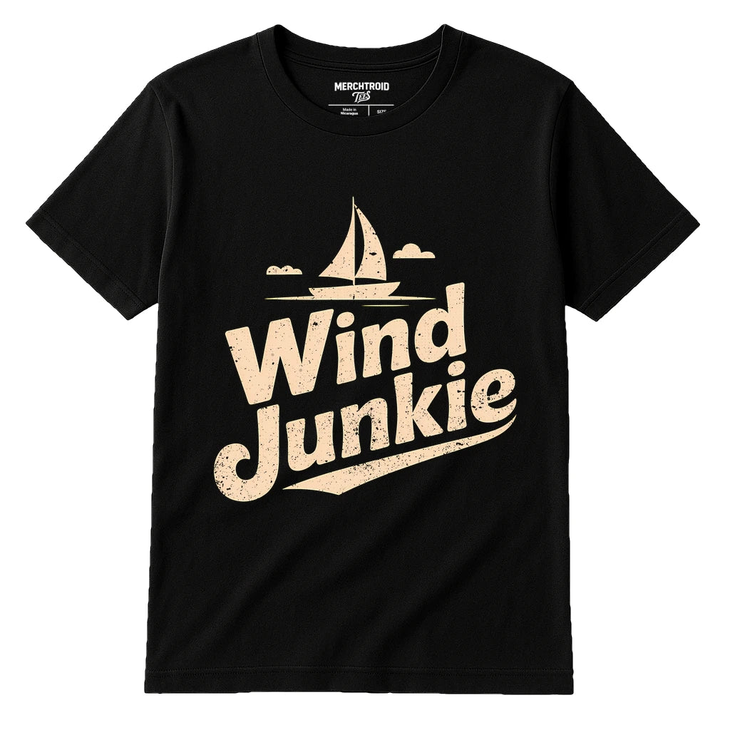 Black Sailing T Shirt - "Wind Junkie" graphic tee with cream print, flat lay product photo