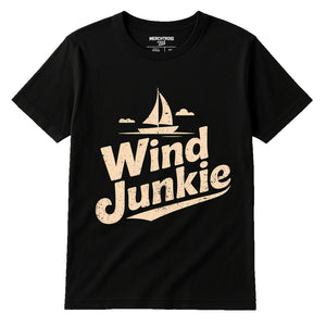 Black Sailing T Shirt - "Wind Junkie" graphic tee with cream print, flat lay product photo
