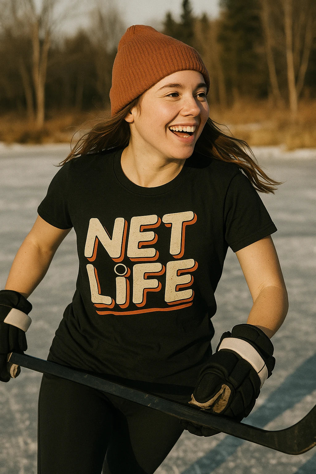 "Net Life" black hockey t shirt, photographed as hockey lover gift