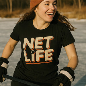 "Net Life" black hockey t shirt, photographed as hockey lover gift