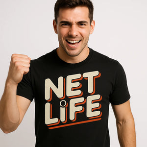 Close-up of the "Net Life" beige print on a premium Bella+Canvas black hockey t shirt