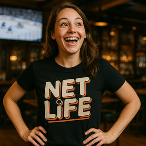 Lifestyle shot of the "Net Life" black hockey t shirt in a real-world setting