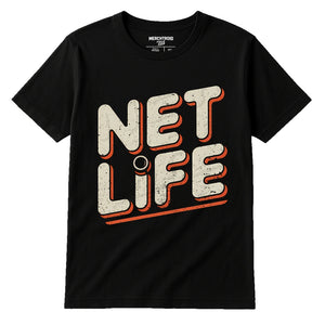 Black Hockey T Shirt - "Net Life" graphic tee with beige print, flat lay product photo