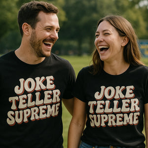 Person wearing the black dad and son matching t shirts graphic tee - "Joke Teller Supreme" design