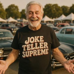 Lifestyle shot of the "Joke Teller Supreme" black dad and son matching t shirts in a real-world setting