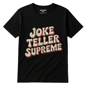 Black Dad And Son Matching T Shirts - "Joke Teller Supreme" graphic tee with beige print, flat lay product photo