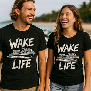 Person wearing the black skiing t shirt graphic tee - "Wake Life" design