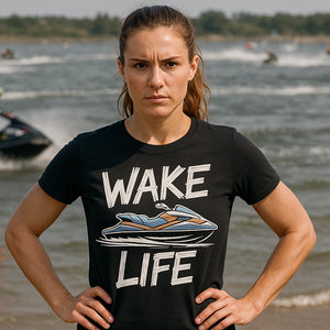 Lifestyle shot of the "Wake Life" black skiing t shirt in a real-world setting