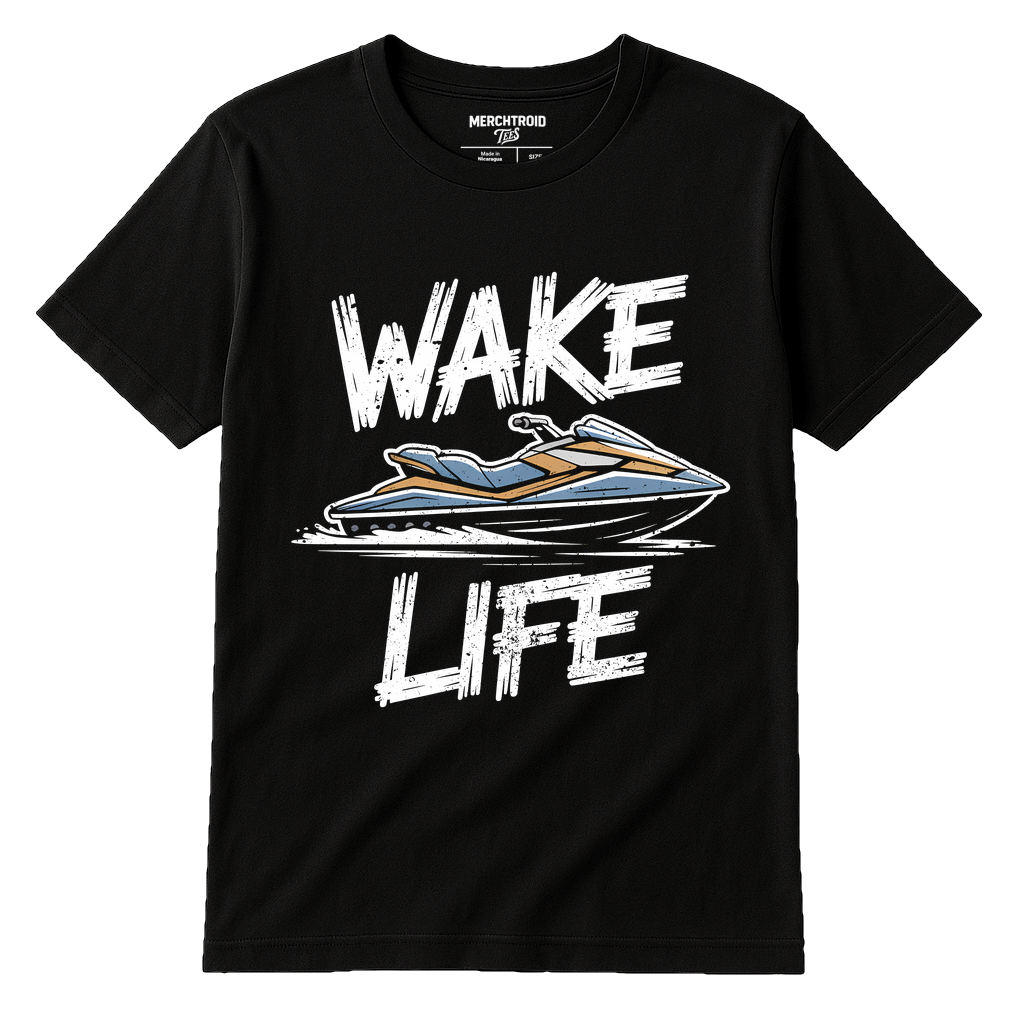 Black Skiing T Shirt - "Wake Life" graphic tee with white print, flat lay product photo