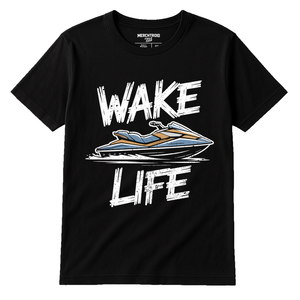Black Skiing T Shirt - "Wake Life" graphic tee with white print, flat lay product photo