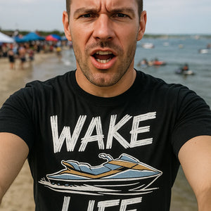"Wake Life" black skiing t shirt, photographed as jet skiing lover gift