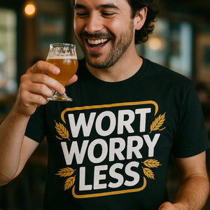 "Wort Worry Less" black brewer t shirt - also one of the gifts for beer brewers