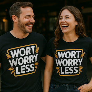 Person wearing the black brewer t shirt graphic tee - "Wort Worry Less" design