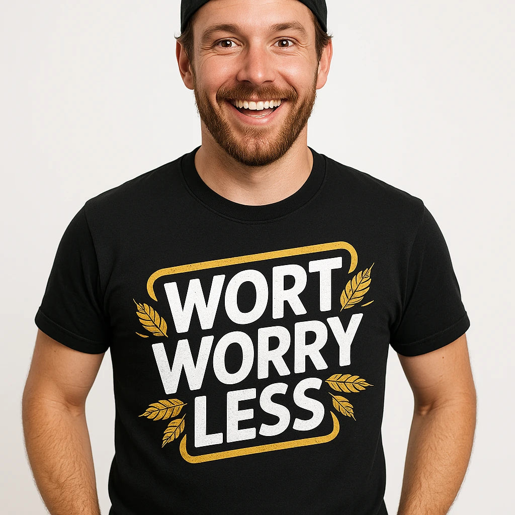 Close-up of the "Wort Worry Less" white print on a premium Bella+Canvas black brewer t shirt