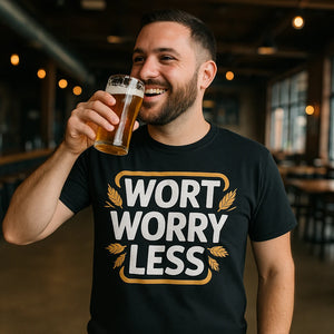 Lifestyle shot of the "Wort Worry Less" black brewer t shirt in a real-world setting