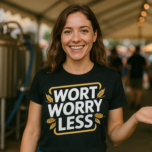 "Wort Worry Less" black brewer t shirt - also a brewery gift shop