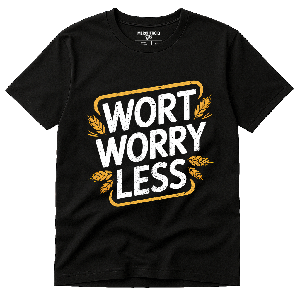 Black Brewer T Shirt - "Wort Worry Less" graphic tee with white print, flat lay product photo