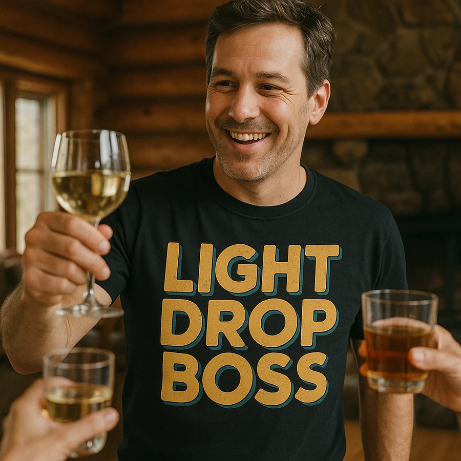 A smiling person wearing a black T-shirt with the text "LIGHT DROP BOSS" on it. They are holding a glass of white wine and toasting with two other people who are holding drinks. The setting appears to be a cozy cabin with a stone fireplace and wooden walls in the background.