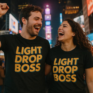 Person wearing the black mens shirts for new years eve graphic tee - "Light Drop Boss" design