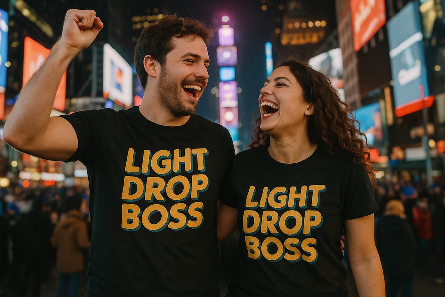 A man and a woman are laughing joyfully in a busy city square at night, with colorful signs and lights in the background. Both are wearing black T-shirts with the text "LIGHT DROP BOSS" printed in bold yellow and blue letters. The man is raising his fist in excitement, and the woman has curly hair and a wide smile.