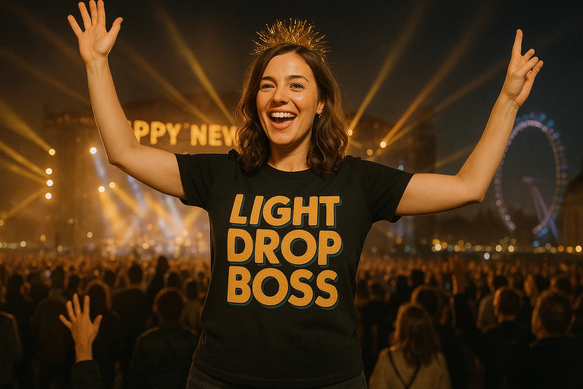 Lifestyle shot of the "Light Drop Boss" black mens shirts for new years eve in a real-world setting