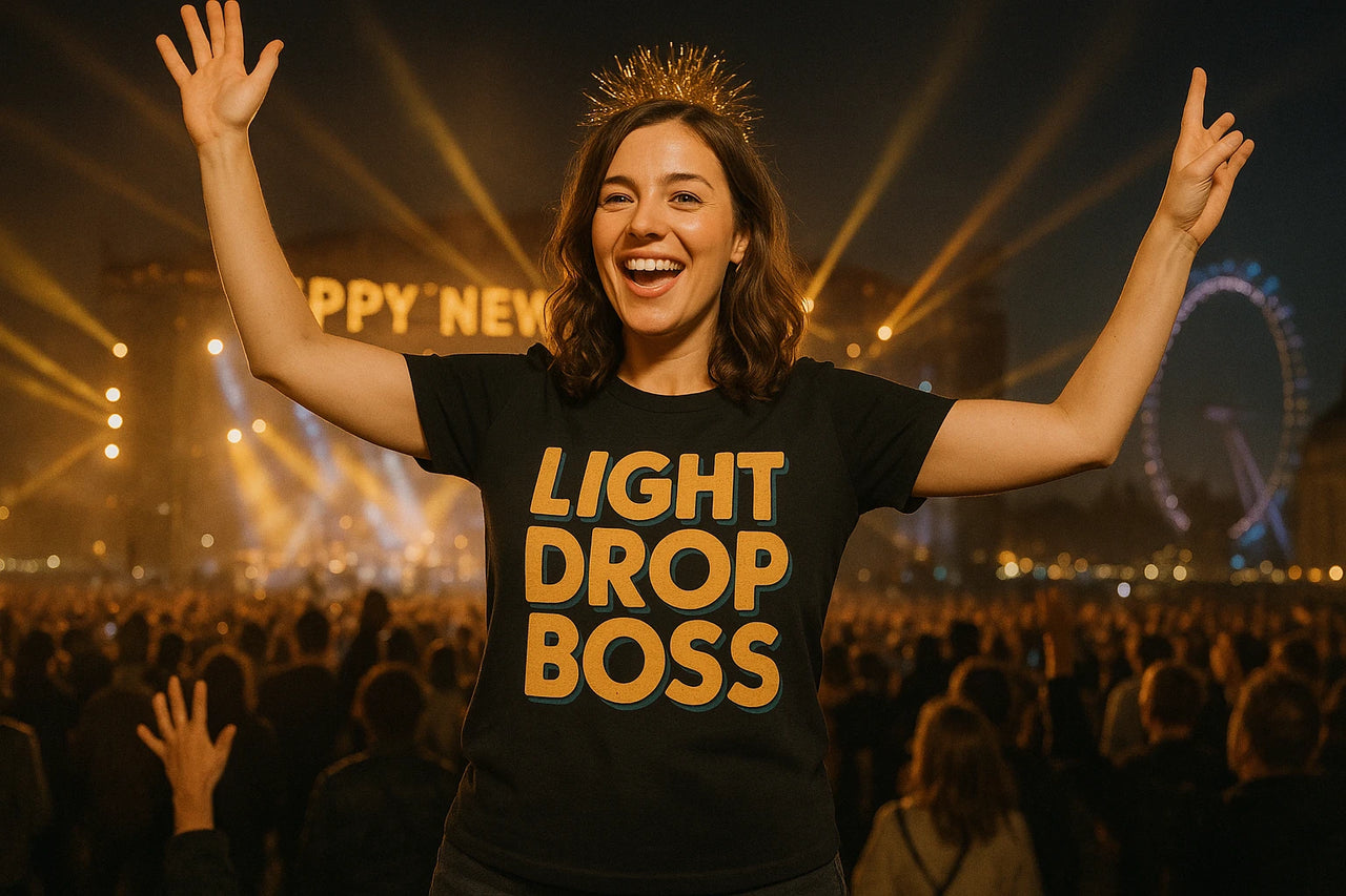 A person with shoulder-length brown hair is smiling and raising their arms in celebration. They are wearing a black shirt with bold yellow text that says "LIGHT DROP BOSS." The background shows a large crowd and a lit-up Ferris wheel, suggesting a festive event or celebration.