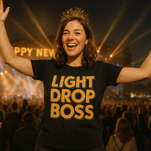 Lifestyle shot of the "Light Drop Boss" black mens shirts for new years eve in a real-world setting