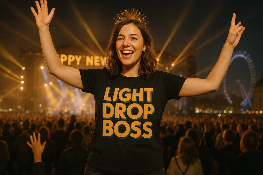 A person with shoulder-length brown hair is smiling and raising their arms in celebration. They are wearing a black shirt with bold yellow text that says "LIGHT DROP BOSS." The background shows a large crowd and a lit-up Ferris wheel, suggesting a festive event or celebration.
