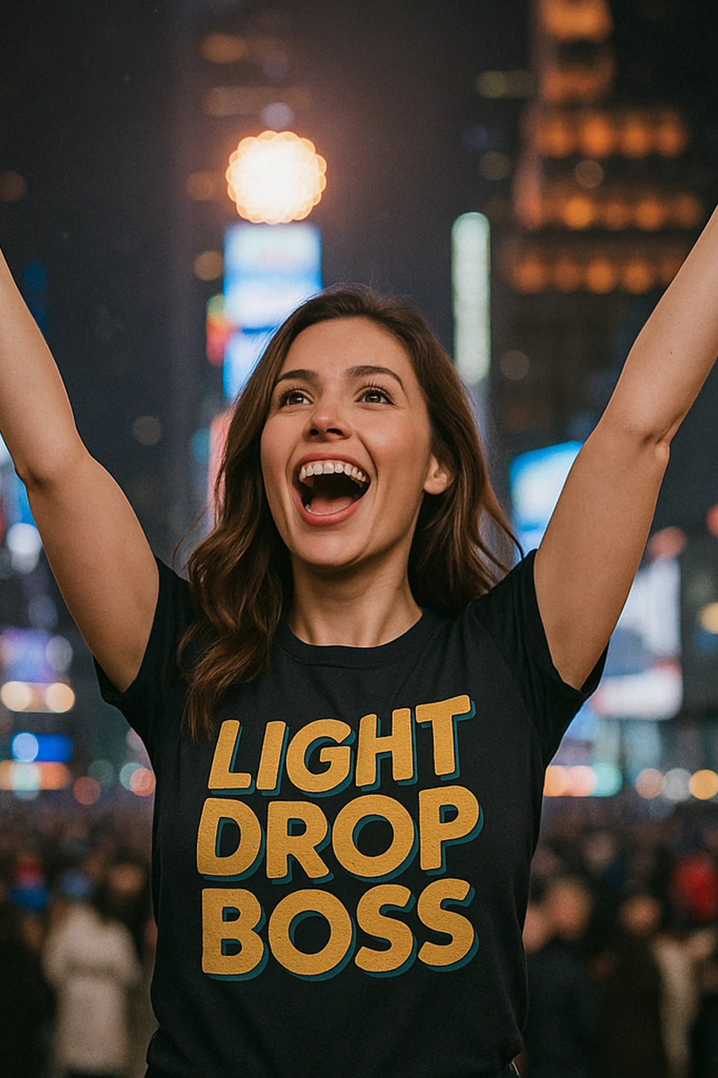 A person with long brown hair wearing a t-shirt that says "LIGHT DROP BOSS" is cheering with their arms raised. The background features bright city lights and a blurred crowd, suggesting an urban setting.
