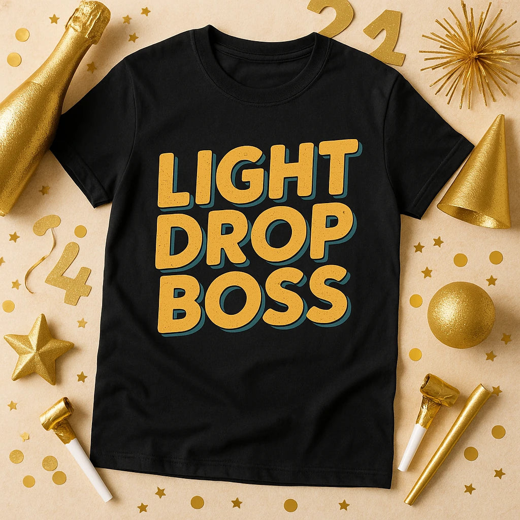 A black t-shirt with "LIGHT DROP BOSS" printed in large, bold yellow letters. The shirt is surrounded by festive golden decorations, including a bottle, stars, numbers, and party hats on a light background.
