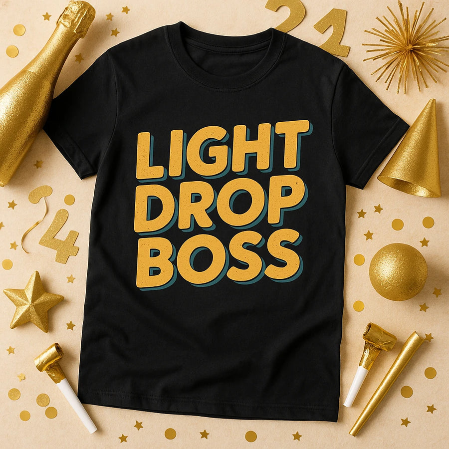 A black t-shirt with "LIGHT DROP BOSS" printed in large, bold yellow letters. The shirt is surrounded by festive golden decorations, including a bottle, stars, numbers, and party hats on a light background.