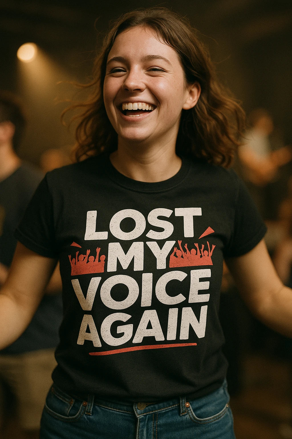 "Lost My Voice Again" black concert shirts, photographed as gift for concert lover