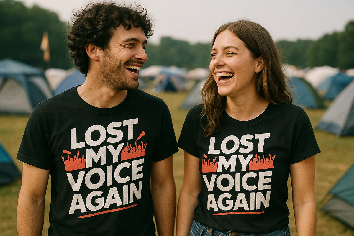 Person wearing the black concert shirts graphic tee - "Lost My Voice Again" design