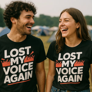 Person wearing the black concert shirts graphic tee - "Lost My Voice Again" design