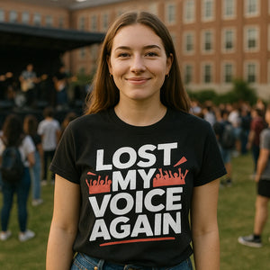 Lifestyle shot of the "Lost My Voice Again" black concert shirts in a real-world setting