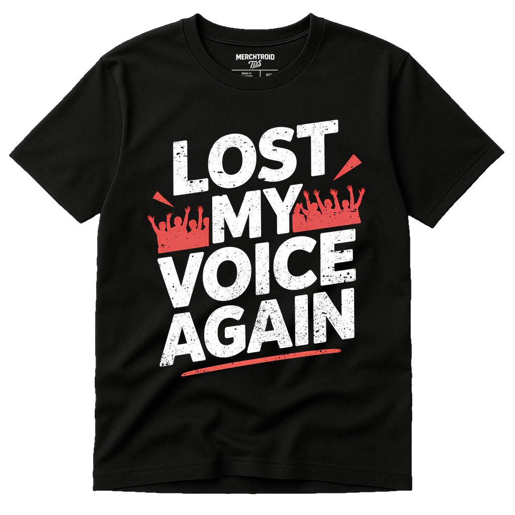 Black Concert Shirts - "Lost My Voice Again" graphic tee with white print, flat lay product photo
