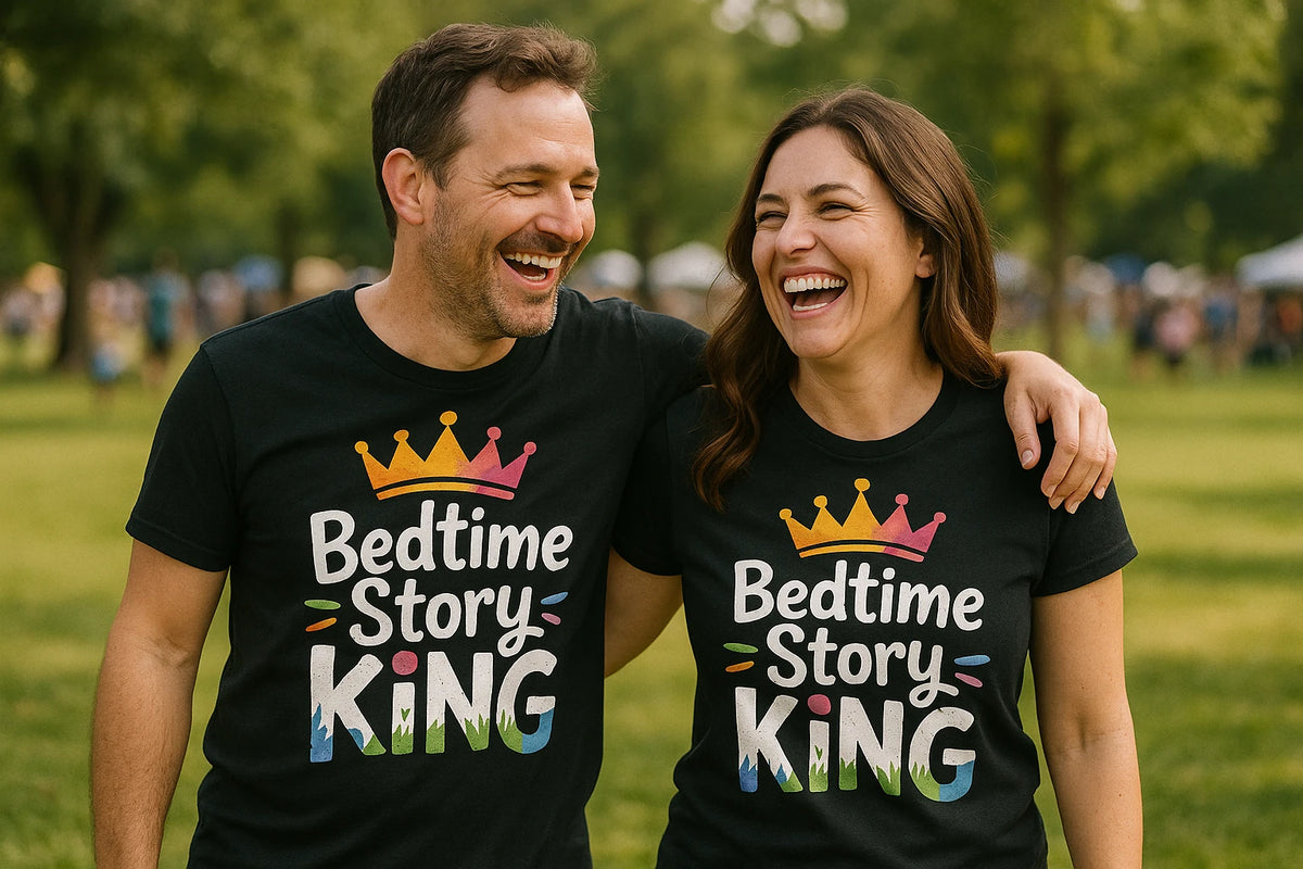 Person wearing the black dad shirts fathers day graphic tee - "Bedtime Story King" design